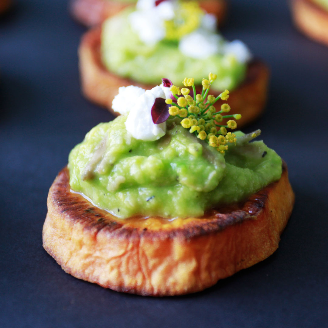 Sweet Potato Slices with Lime Avocado and Goats Cheese